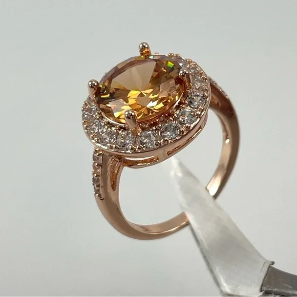 Beautiful Round Cut Halo Statement Champagne Diamond CZ Rose Gold Tone Ring